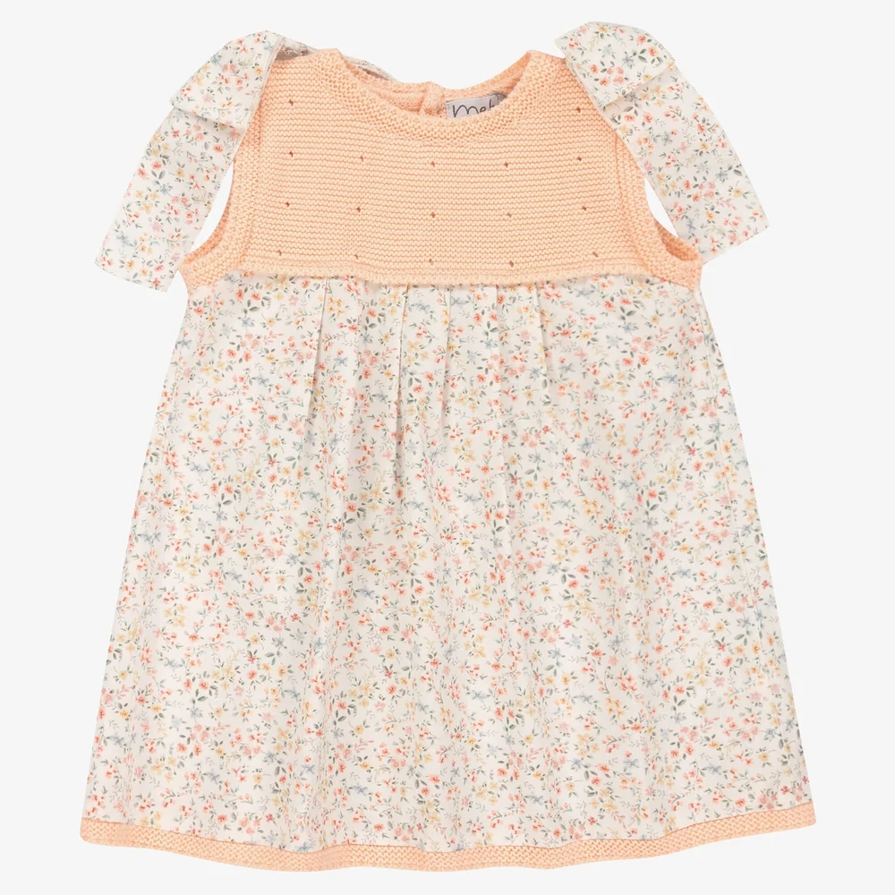 Mebi | Girls White & Orange Cotton Floral Dress